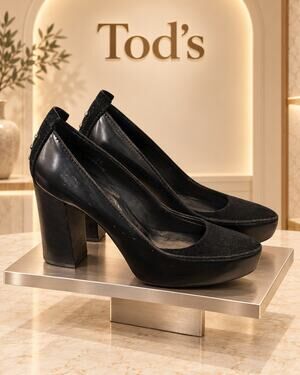 Tod’s Black Leather Suede Platform Block Heel Pumps Women’s US 5 EU 35